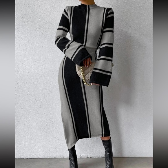 Cozy Striped Pattern Slit Hem Sweater Dress - Picture 5 of 7